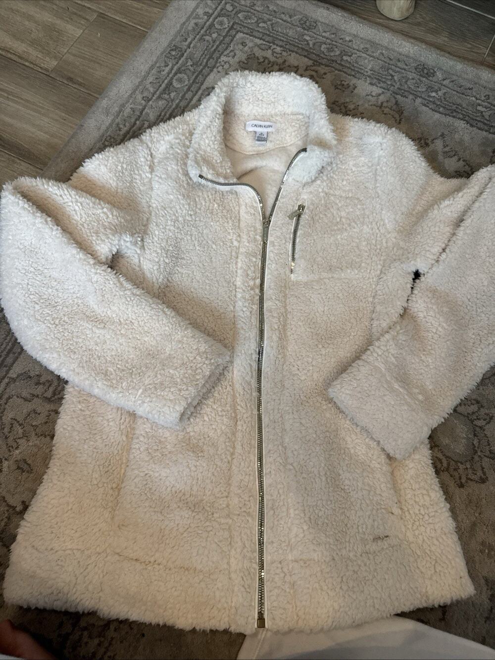 Calvin Klein Performance White Sherpa Teddy Fleece Hooded Zip Up Jacket S